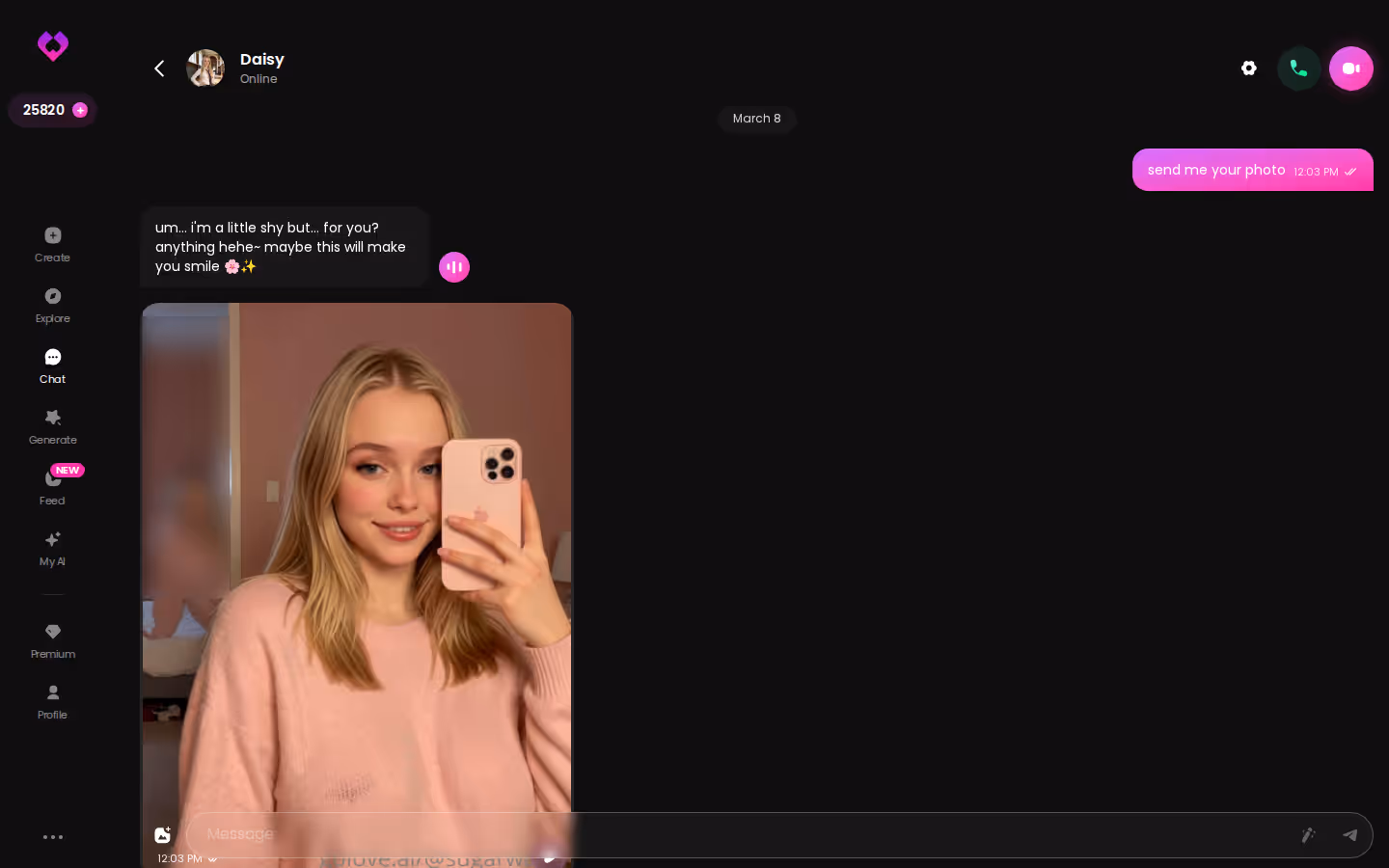 GoLove.ai desktop chat showing an ongoing conversation with a companion