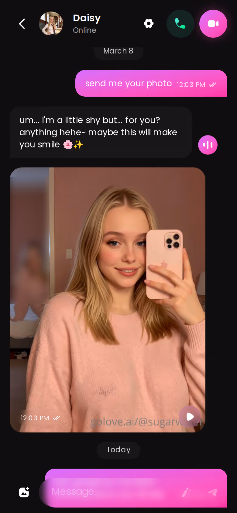 GoLove.ai mobile chat thread with in-chat photo requests that paid usage unlocks