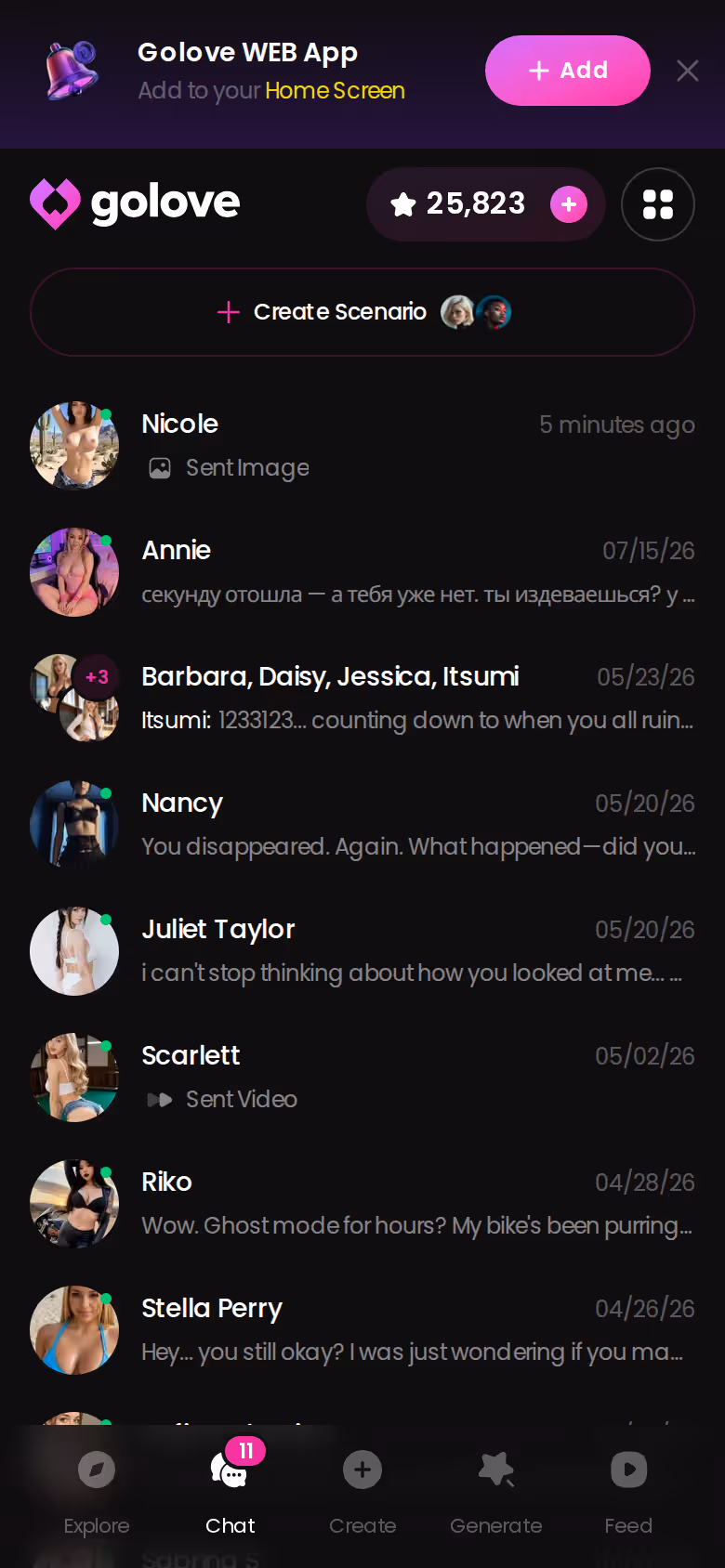 Mobile GoLove.ai chats list with last-message previews — milf ai
