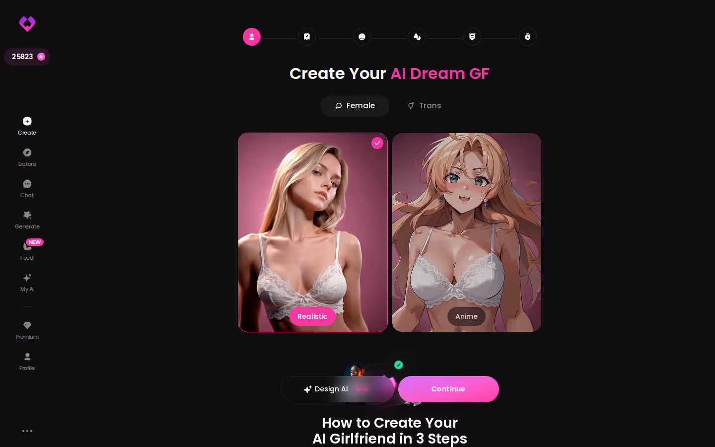 GoLove.ai Create wizard — Female or Trans, Realistic or Anime pick — hentai bot