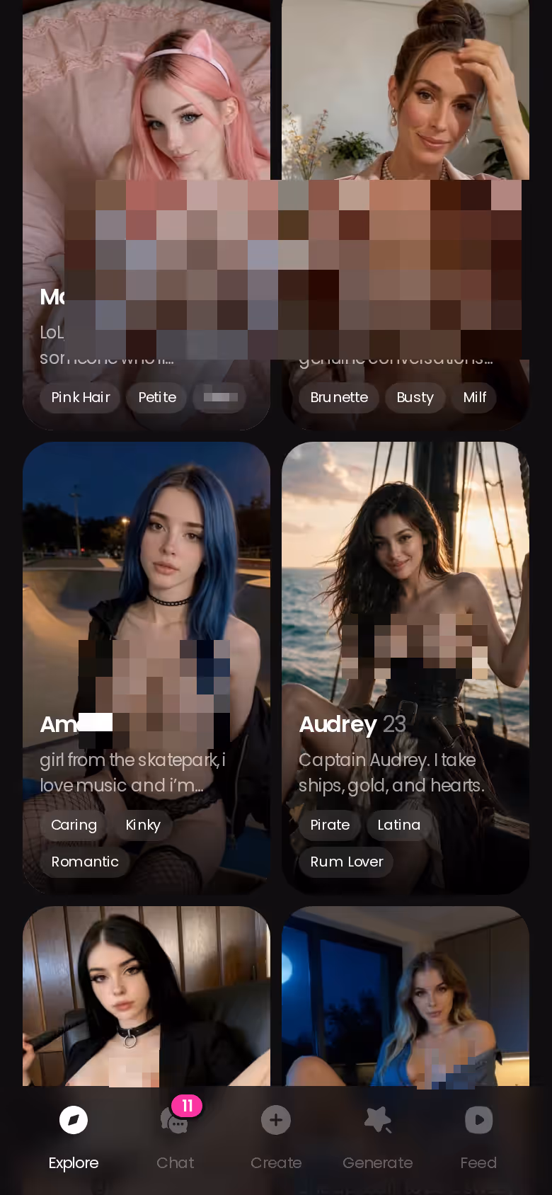GoLove Explore screen on mobile, where tapping any character opens the chat directly
