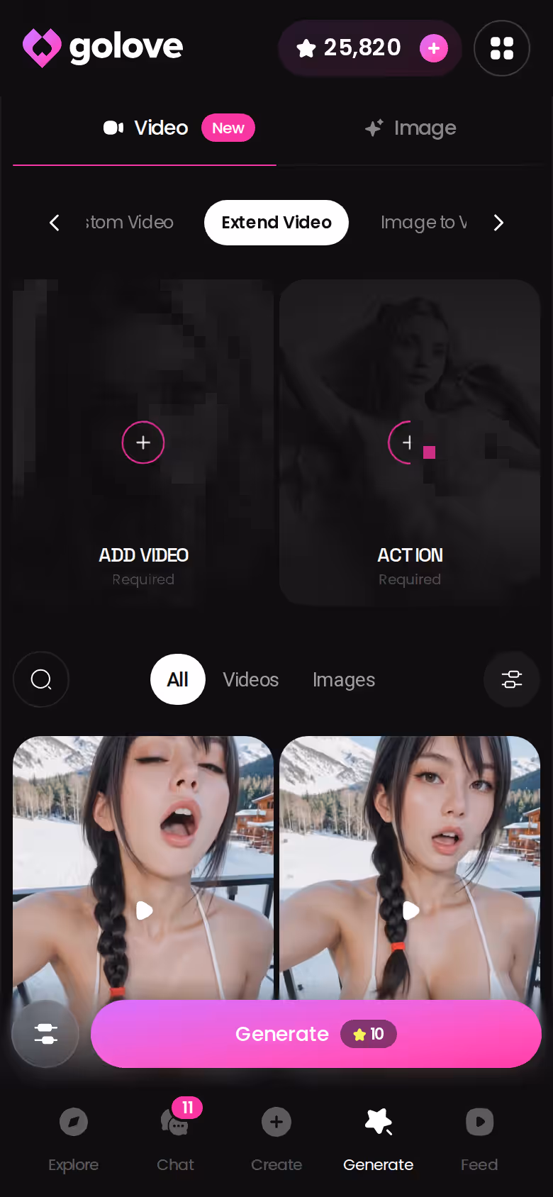 GoLove.ai generator on mobile with the Extend Video option for a clip