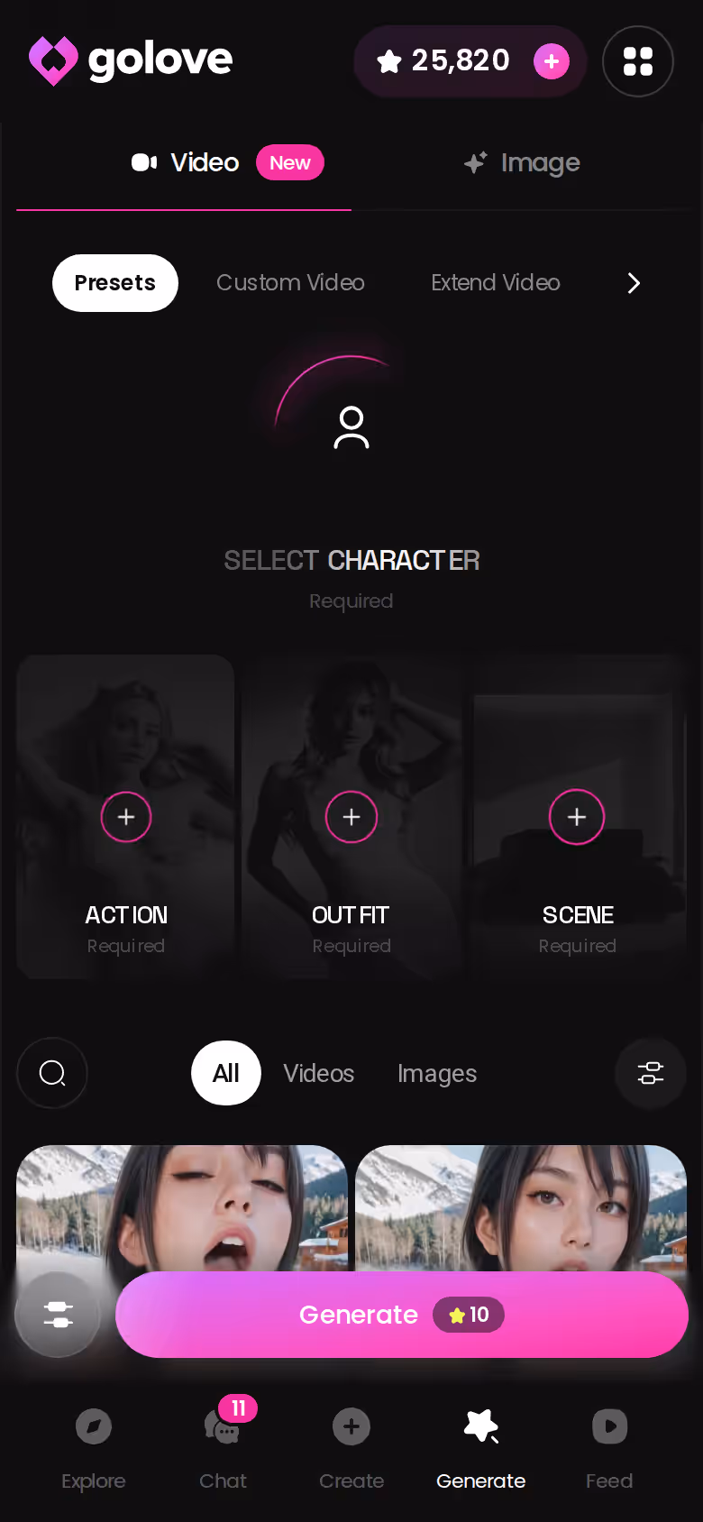 GoLove.ai generator hub on mobile showing image and video modes