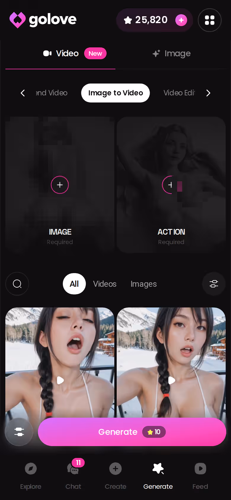 GoLove.ai mobile screen turning a chat photo into a short video clip