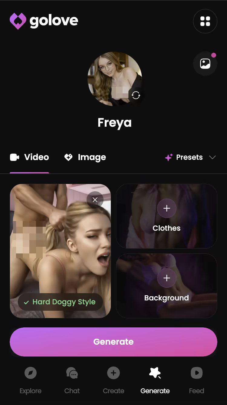 Explicit action preset selected in the GoLove.ai video generator — pixelbunny ai review